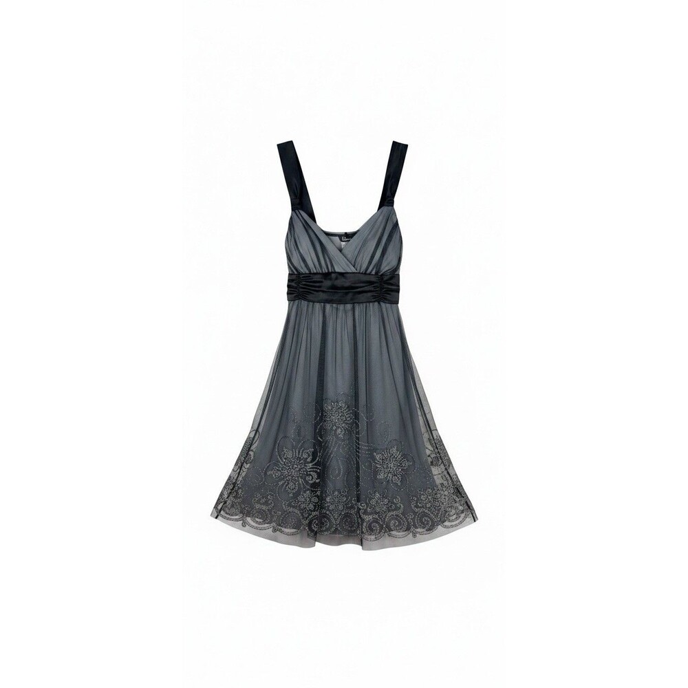 Taboo Y2K Gray Black Embroidered Mesh Empire Waist Party Dress XL Whimsigoth